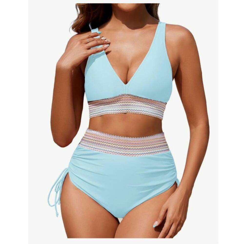 Zuvebamyo Women Size Medium Blue High Waisted 2 Pc Tummy Control Bikini Set S1